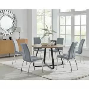 Image of Santorini Brown Round Dining Table And 6 Grey Isco Chairs - Elephant Grey