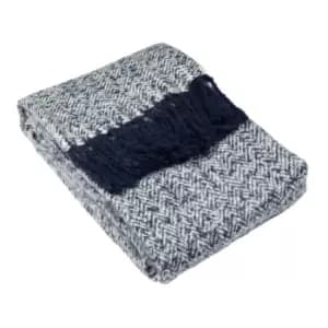Image of Furn. Weaver Throw Herringbone Design Fringed Edges Acrylic Navy