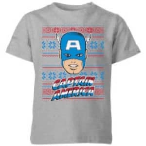 Image of Marvel Captain America Face Kids Christmas T-Shirt - Grey - 11-12 Years