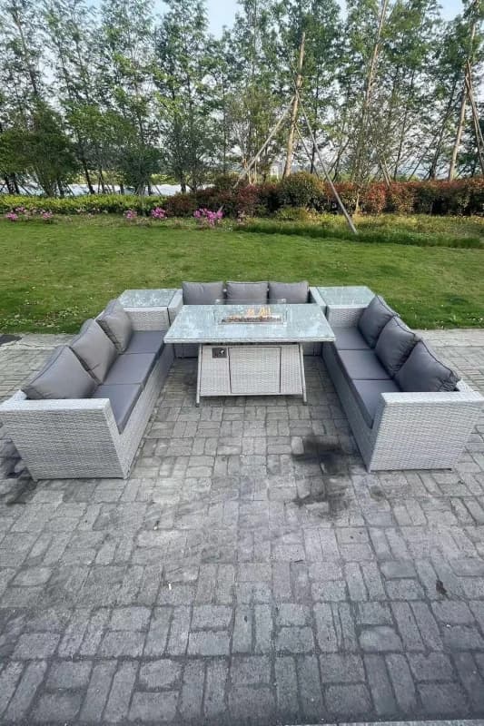 Image of Fimous Light Grey U Shape Lounge Sofa Dining Set With Gas Heater Firepit Burner Side Coffee Tea Table Light Grey
