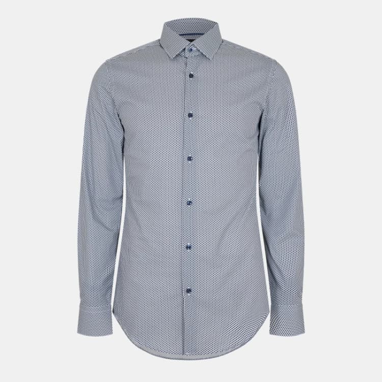 Image of Boss Mens H-Hank Patterned Short Sleeve Kent Collar Shirt Open Blue male 15 inch