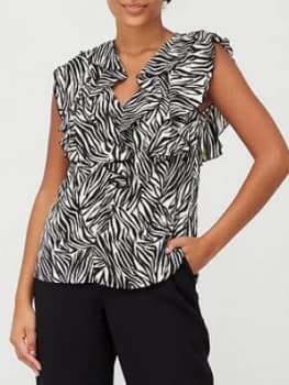 Image of Wallis Zebra Short Sleeve Ruffle Top - Black, Size 8, Women