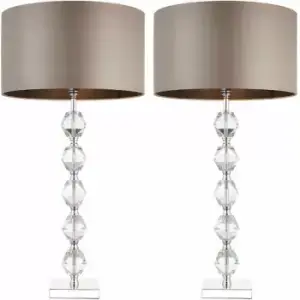Image of 2 PACK Glass Table Lamp Light Silver Crystal & Taupe Shade Square Base Sideboard