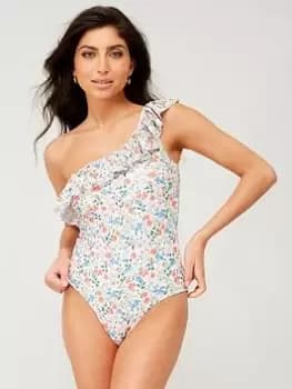 Image of PIECES Ruffle Floral One Shoulder Swimsuit -multi, Multi, Size XL, Women