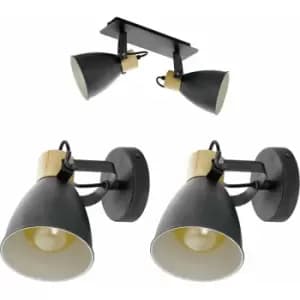 Image of Twin Ceiling Spot Light & 2x Matching Wall Lights Black & Wood Shade Moving Head