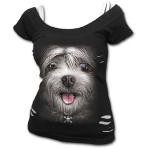 Image of Misty Eyes Womens X-Large 2In1 White Ripped Short Sleeve Top - Black