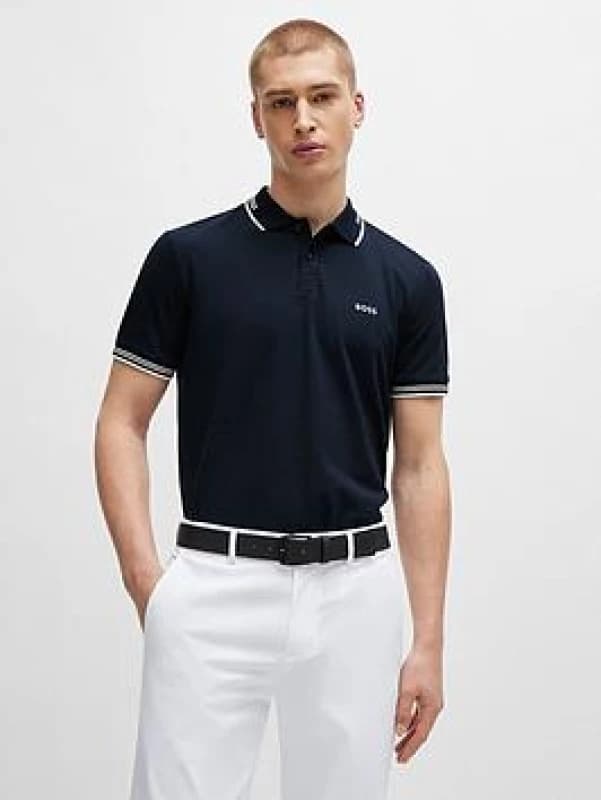 Image of Boss Mens HBG Paul Polo Contrast Striped Trim Shirt Dark Blue male L