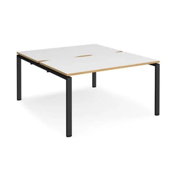 Image of Adapt Bench Desk 2 Person Starter Rectangular Desks 1400mm White/Oak Tops With Black Frames 1600mm Depth Adapt White/Oak E1416-SB-K-WO