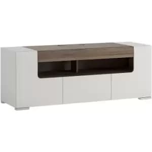 Image of Furniture To Go - Toronto 140cm wide TV Cabinet In White and Oak - White High Gloss with San Remo Oak inset