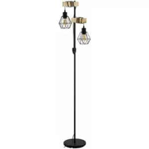 Image of Standing Floor Lamp Light Black Cage Shade & Wood Hangman 2 x 60W E27 Bulb