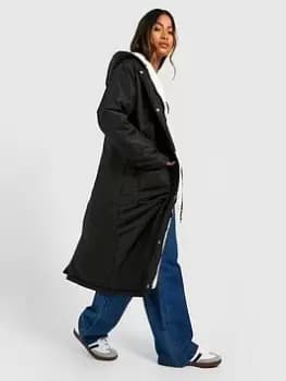 Image of Boohoo Teddy Faux Fur Hood Lined Parka Coat - Black, Size 8, Women