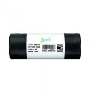 Image of 2Work Refuse Sack 100 Litre 20 Bags per Roll Pack of 10 Black BR100