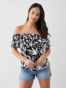 Image of Dorothy Perkins Double Layer Printed Bardot Top - Mono, Multi, Size S, Women