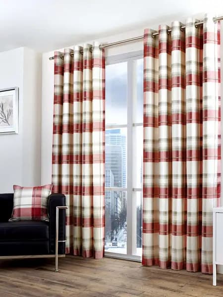Image of Fusion Balmoral Check 100% Cotton Pair of Eyelet Curtains 66x54in Red 76465608003