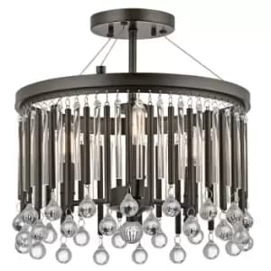 Image of 3 Bulb Semi Flush Light Black Metal Rods/Clear Glass Tubes Beads LED E14 60W
