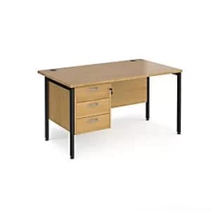 Image of Rectangular Straight Desk Oak Wood H-Frame Legs Black Maestro 25 1400 x 800 x 725mm 3 Drawer Pedestal