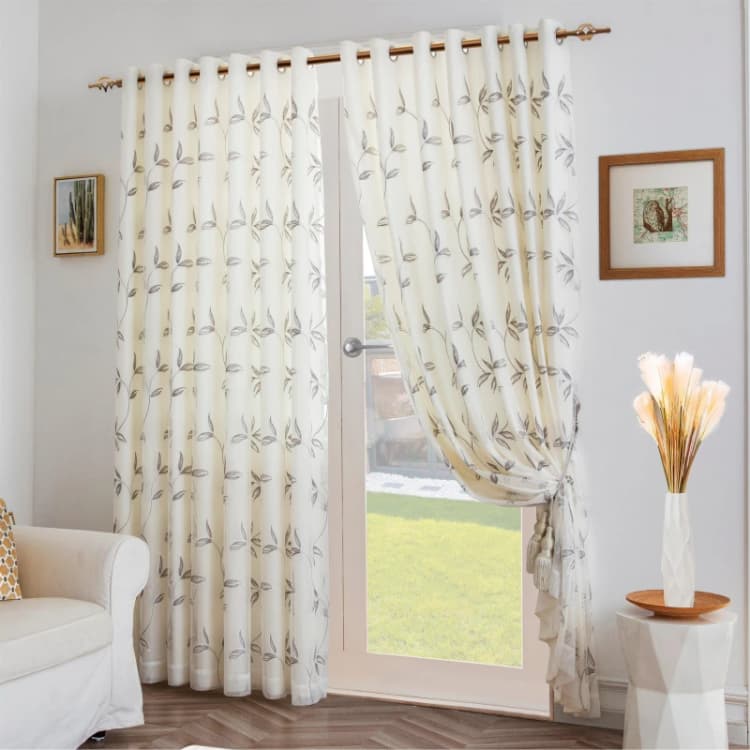 Image of Alan Symonds Leaf Embroidered Tulle Voile Curtains Ring Top - Silver Silver 147x183cm