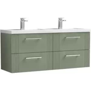 Image of Nuie Deco Satin Green 1200mm Wall Hung 4 Drawer Vanity Unit with Double Basin - DPF893C - Satin Reed Green