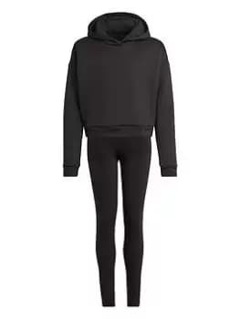 Image of Boys, adidas Junior Girls Badge Of Sport Overhead Hoody And Tight Set - Black, Size 14-15 Years