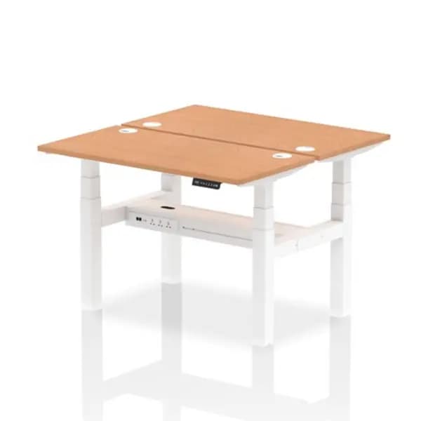 Image of Air Air Back-to-Back 1200 x 600mm Height Adjustable 2 Person Bench Desk Oak Top with Cable Ports White Frame HASCP2P12600OAKW
