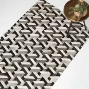 Image of Homescapes - Grey & Black Geometric Leather Rug, 90 x 150cm - Black, Grey