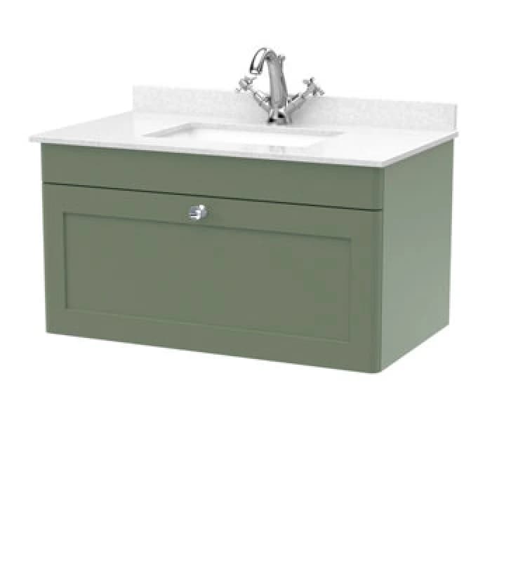 Image of nuie 800mm Wall Hung 1 Drawer Vanity & Marble Top 1TH - Satin Green CLC896WS1
