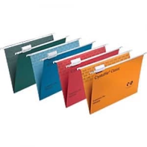 Image of Rexel Crystalfile Classic Vertical Suspension File 71784 Foolscap V Base 15mm 230 gsm Assorted 100% Recycled Manilla Pack of 20
