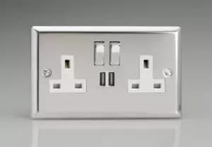 Image of Varilight 2-Gang 13A Single Pole Switched Socket with Metal Rockers with 2x5V DC 2100mA USB Charging Ports - XC5U2SDW