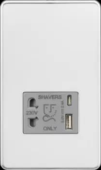 Image of Knightsbridge Shaver socket with dual USB A+C (5V DC 2.4A shared) - polished chrome with grey insert - SF8909PCG