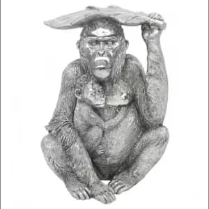 Image of Silver Art Gorilla and Baby Under Leaf Ornament