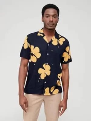 Image of Farah Printed Revere Collar Shirt, Navy, Size L, Men