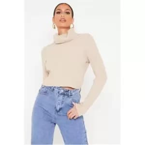 Image of I Saw It First Camel Roll Neck Rib Knit Cropped Jumper - Brown