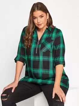 Image of Yours Zip Neck Check Shirt - Green, Size 18, Women