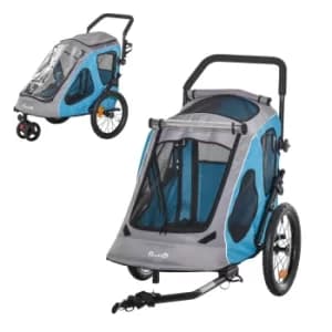 Image of PawHut 2-IN-1 Steel Dog Bike Trailer Pet Cart Carrier for Bicycle with 360° Rotatable Front Wheel Reflectors Straps Cup Holder Water Resistant Blue