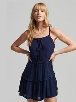 Image of Superdry Vintage Broderie Cami Dress - Navy, Size 14, Women