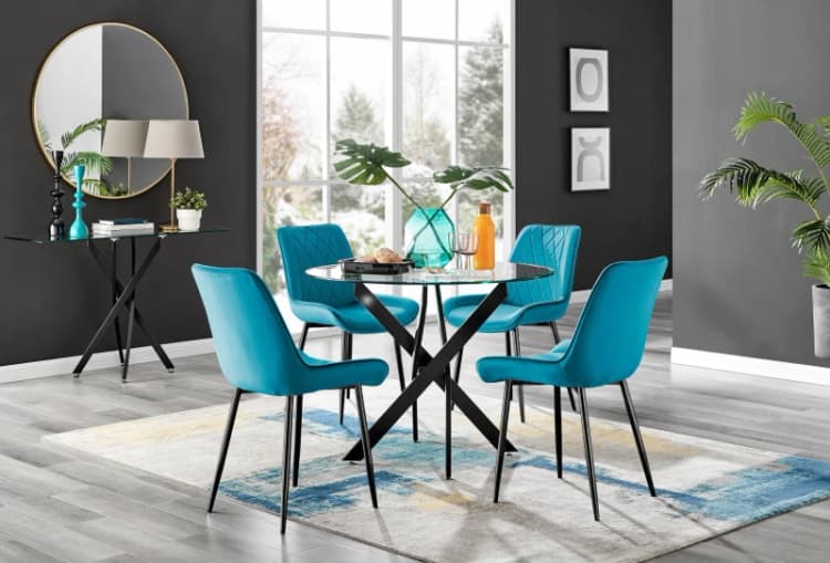 Image of FurnitureboxUK FurnitureboxUK Novara 4 Seater Black Leg Round Glass Dining Table & 4 Pesaro Soft Velvet Black Leg Chairs in Blue Blue One Size Unisex