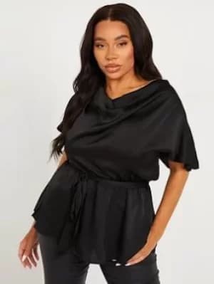 Image of Quiz Curve Curve Satin Cowl Neck Peplum Top, Black, Size 18, Women