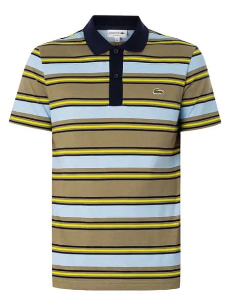 Image of Lacoste Regular Fit Striped Cotton Polo Shirt Khaki Green/Blue S