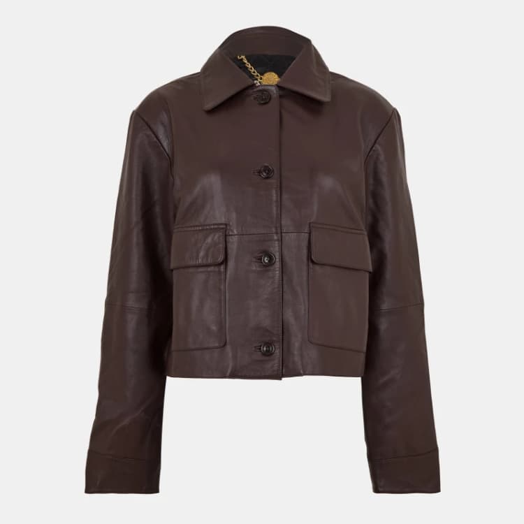 Image of Biba Womens Collar Hip Length Long Sleeve Leather Jacket Brown female 14 (L)