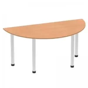 Image of Impulse 1600mm Semi-Circle Table Oak Top Brushed Aluminium Post Leg