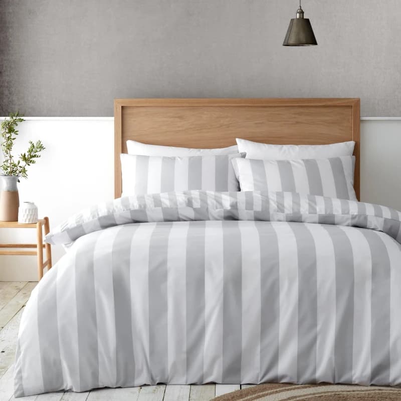Image of Catherine Lansfield Cove Stripe Reversible Duvet Cover Set Duvet Cover Sets Single Silver 42110311010