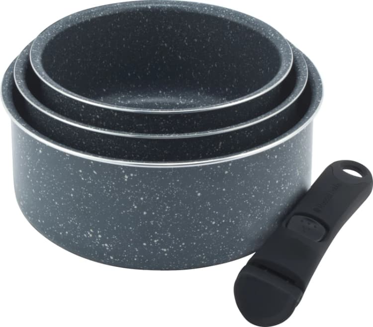 Image of Russell Hobbs Smart Clip Nightfall Stone 3 Piece Induction Pan Set with Detachable Handles - Blue