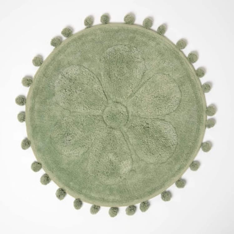 Image of Homescapes Floral Bath Mat Sage Green 100% Cotton With Pom Pom Edges