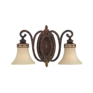 Image of Twin Wall Light Detailed Back Plate Glass Shades Walnut Finish LED E27 100W