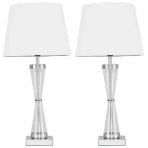 Image of Minisun - 2 x Chrome Hourglass Table Lamps with a Tapered Shades - White - No Bulb