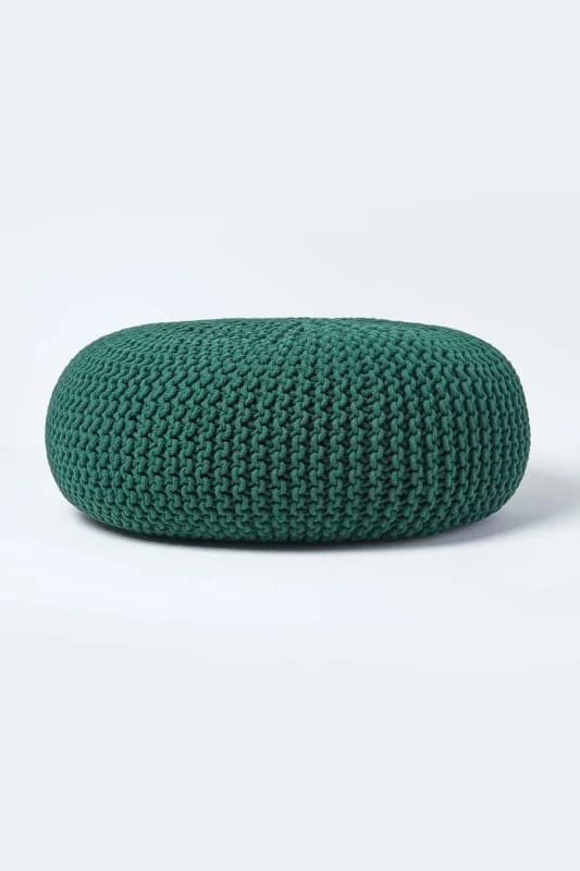 Image of Homescapes Large Round Cotton Knitted Pouffe Footstool Dark Green