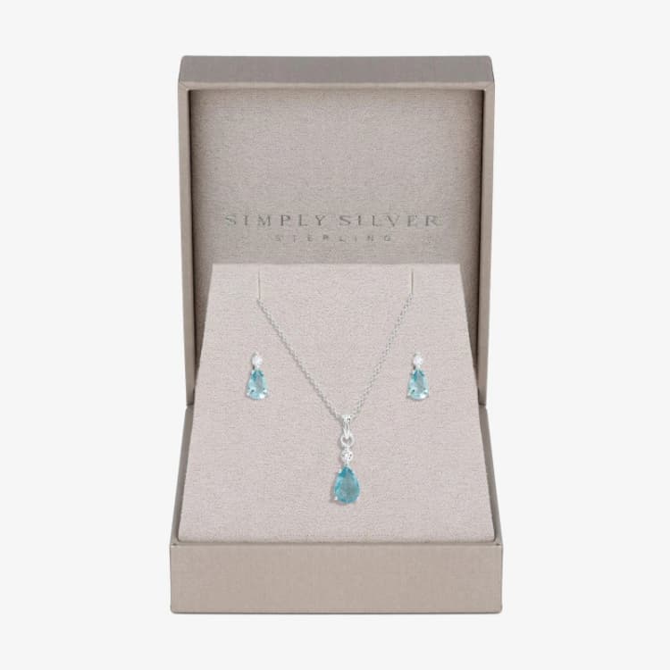 Image of Simply Silver Sterling Silver 925 Cubic Zirconia and Aqua drop set- Gift Boxed Silver