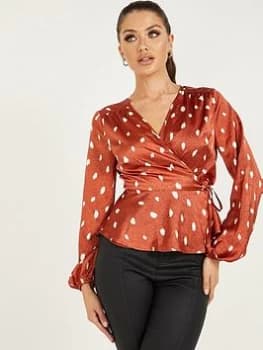 Image of Quiz Rust Satin Polka Dot Peplum Top - 8 - orange