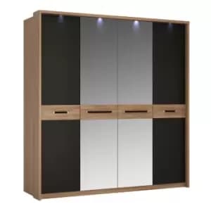 Image of Monaco 4 Door Wardrobe With Mirror Doors In Oak Effect And Black