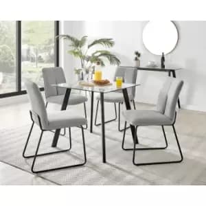 Image of Furniturebox UK - Furniturebox Seattle Glass and Black Metal Leg Square Dining Modern Industrial Dining Table & 4 Light Grey Halle Fabric Chairs
